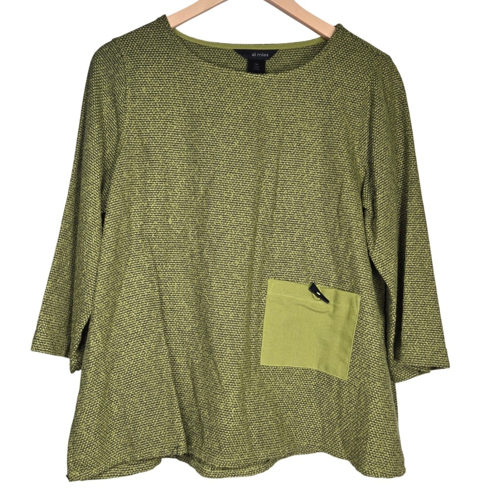 Ali Miles‎ Womens PM Green Textured Knit 3/4 Sleeve Top Front Pocket Lagenlook